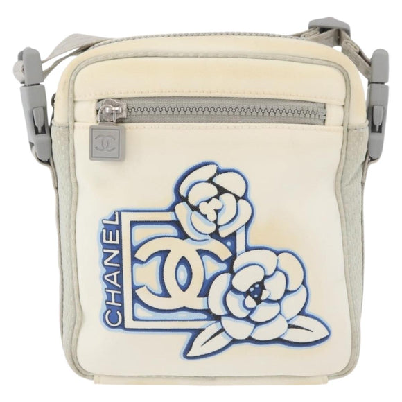 CHANEL Sports Camelia Shoulder Bag Nylon White Silver CC Auth bs34278