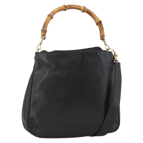 GUCCI Bamboo Hand Bag Leather 2way Black Gold Auth bs34287