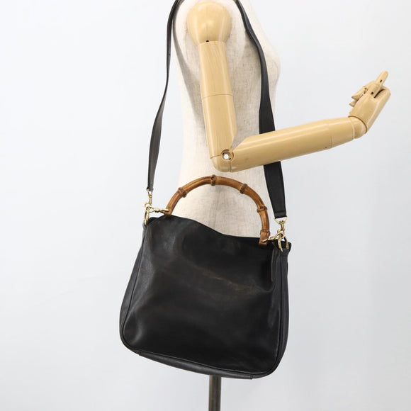 GUCCI Bamboo Hand Bag Leather 2way Black Gold Auth bs34287