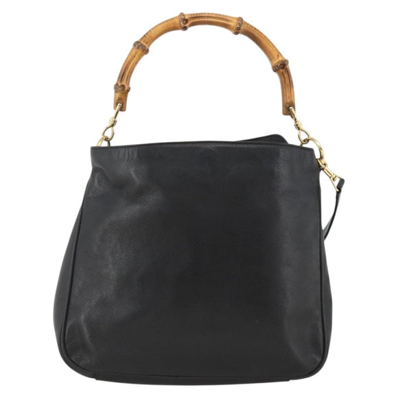 GUCCI Bamboo Hand Bag Leather 2way Black Gold Auth bs34287