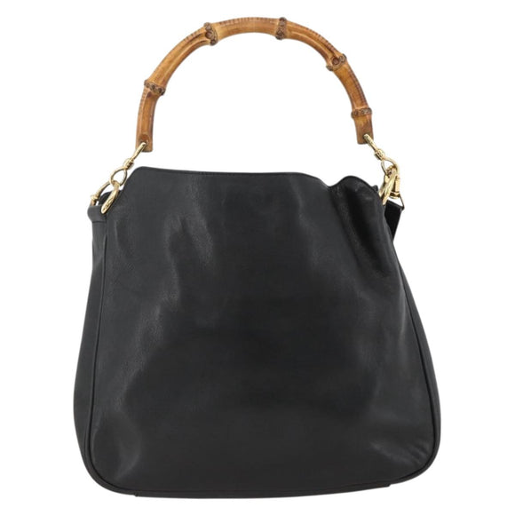 GUCCI Bamboo Hand Bag Leather 2way Black Gold Auth bs34287