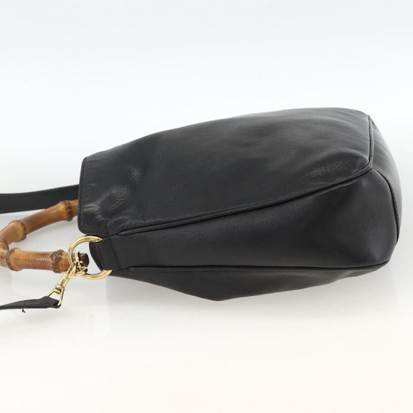 GUCCI Bamboo Hand Bag Leather 2way Black Gold Auth bs34287
