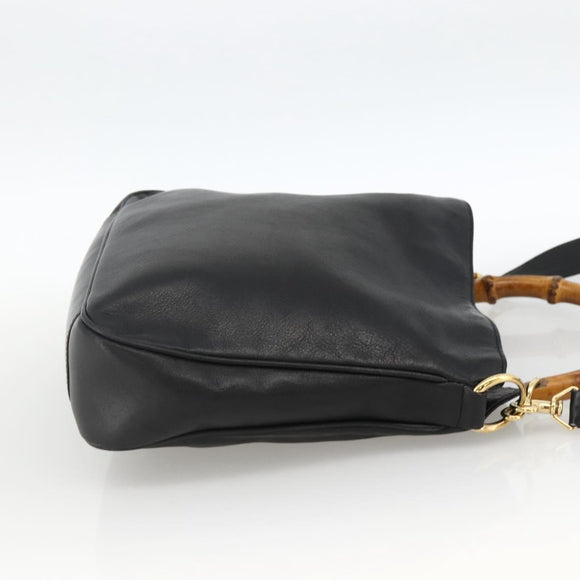 GUCCI Bamboo Hand Bag Leather 2way Black Gold Auth bs34287