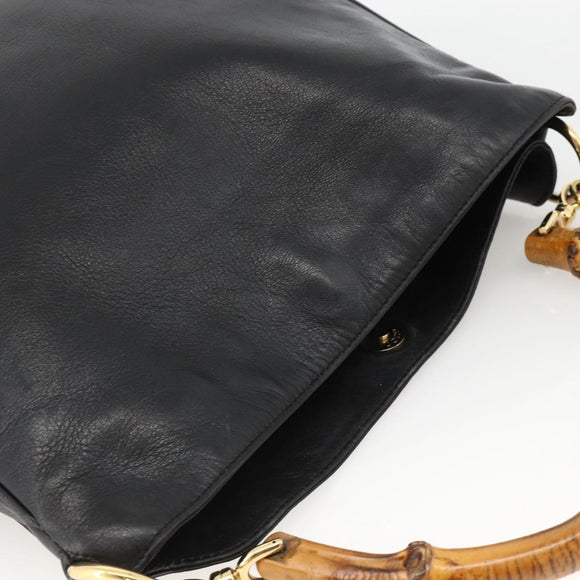 GUCCI Bamboo Hand Bag Leather 2way Black Gold Auth bs34287