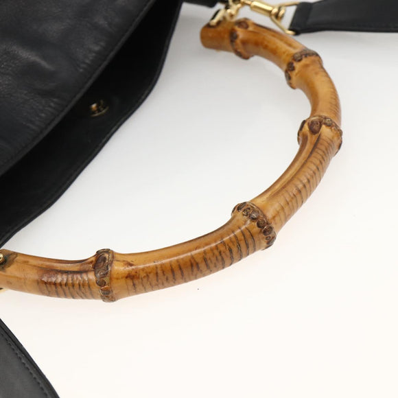 GUCCI Bamboo Hand Bag Leather 2way Black Gold Auth bs34287