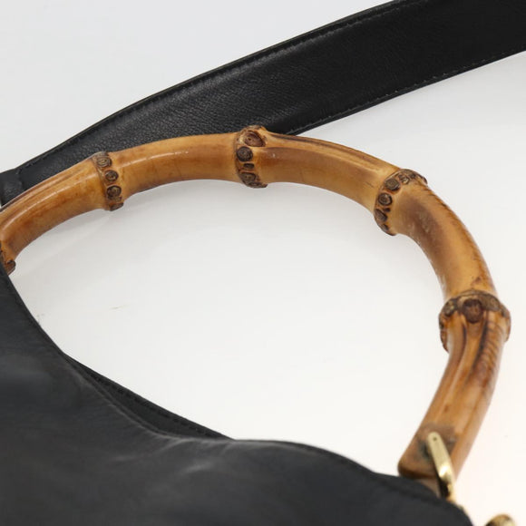 GUCCI Bamboo Hand Bag Leather 2way Black Gold Auth bs34287
