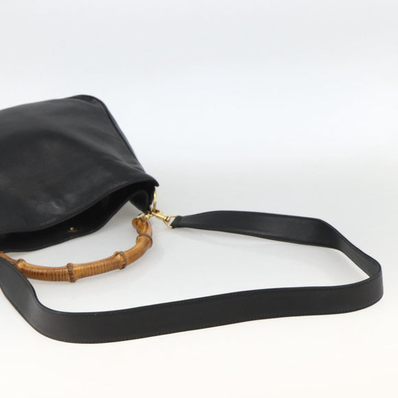 GUCCI Bamboo Hand Bag Leather 2way Black Gold Auth bs34287