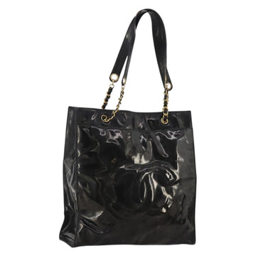 CHANEL Chain Tote Bag Patent Leather Black Gold CC Auth bs34312