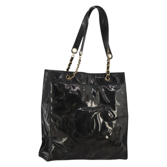 CHANEL Chain Tote Bag Patent Leather Black Gold CC Auth bs34312
