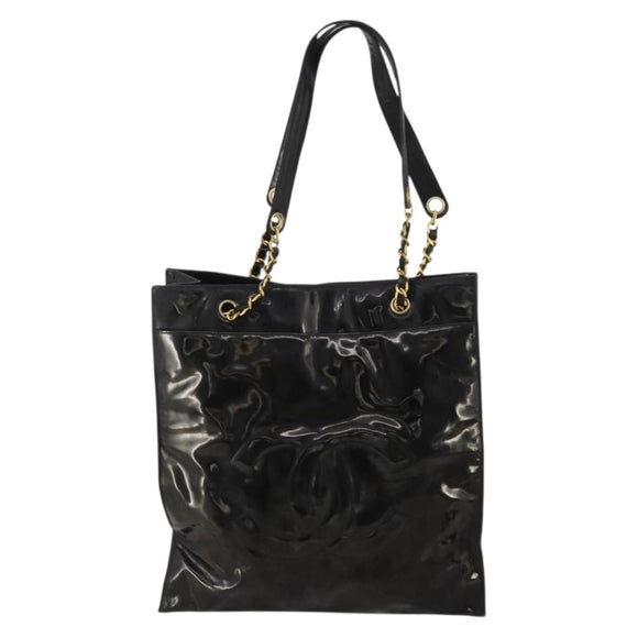 CHANEL Chain Tote Bag Patent Leather Black Gold CC Auth bs34312