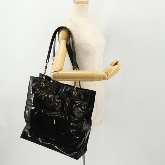 CHANEL Chain Tote Bag Patent Leather Black Gold CC Auth bs34312