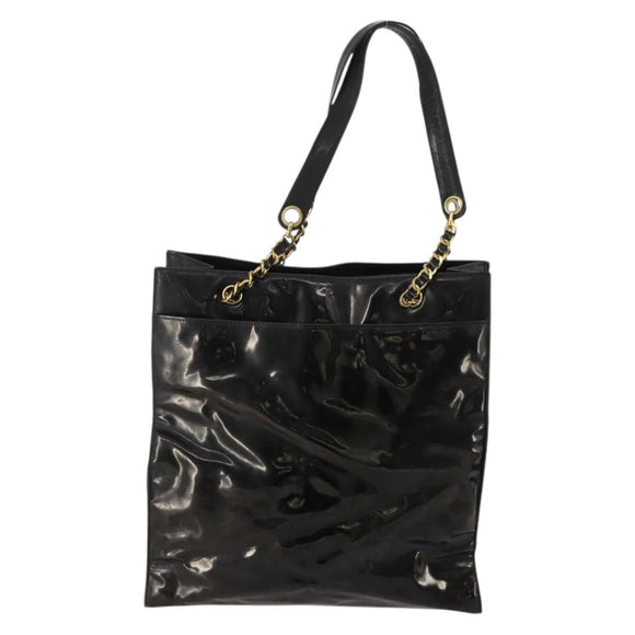 CHANEL Chain Tote Bag Patent Leather Black Gold CC Auth bs34312
