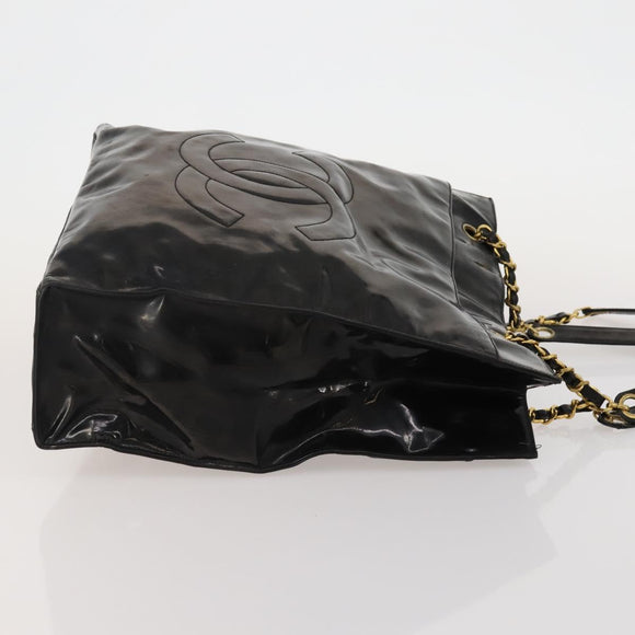 CHANEL Chain Tote Bag Patent Leather Black Gold CC Auth bs34312
