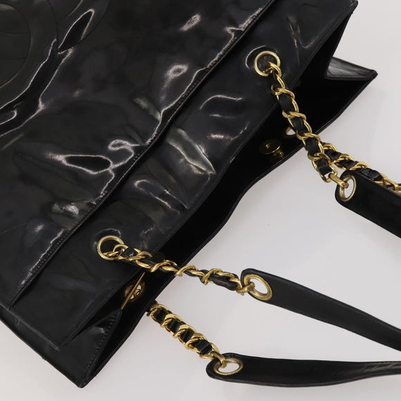 CHANEL Chain Tote Bag Patent Leather Black Gold CC Auth bs34312