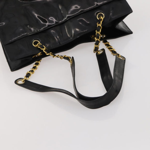 CHANEL Chain Tote Bag Patent Leather Black Gold CC Auth bs34312