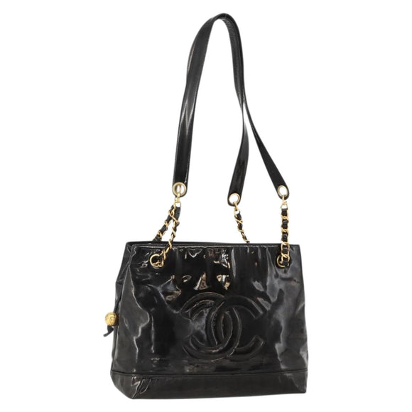 CHANEL Ketten-Einkaufstasche Lackleder Schwarz Gold CC Auth bs34313