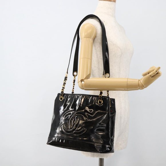CHANEL Ketten-Einkaufstasche Lackleder Schwarz Gold CC Auth bs34313