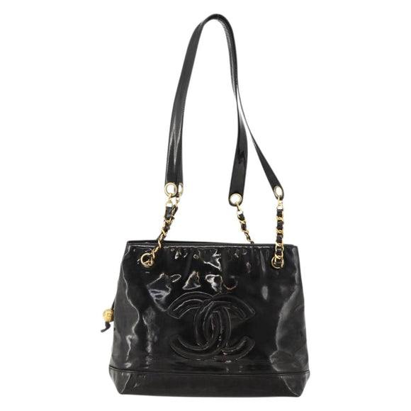 CHANEL Ketten-Einkaufstasche Lackleder Schwarz Gold CC Auth bs34313