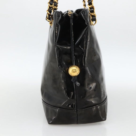 CHANEL Ketten-Einkaufstasche Lackleder Schwarz Gold CC Auth bs34313