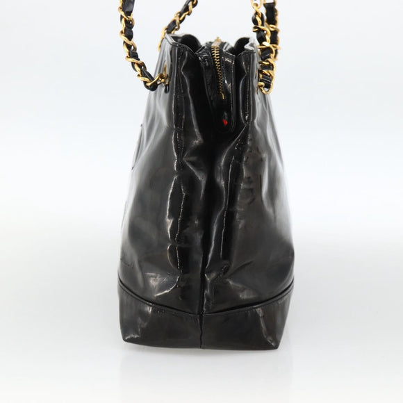 CHANEL Ketten-Einkaufstasche Lackleder Schwarz Gold CC Auth bs34313