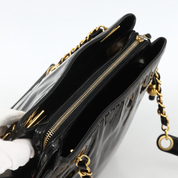 CHANEL Ketten-Einkaufstasche Lackleder Schwarz Gold CC Auth bs34313