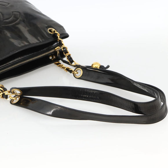 CHANEL Ketten-Einkaufstasche Lackleder Schwarz Gold CC Auth bs34313