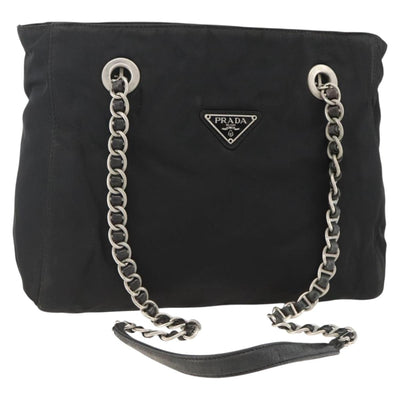 PRADA Chain Tote Bag Nylon Black Silver Auth bs34326
