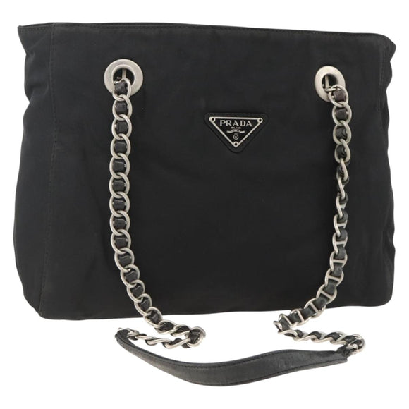 PRADA Chain Tote Bag Nylon Black Silver Auth bs34326