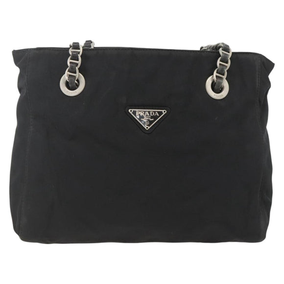 PRADA Chain Tote Bag Nylon Black Silver Auth bs34326
