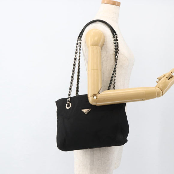 PRADA Chain Tote Bag Nylon Black Silver Auth bs34326