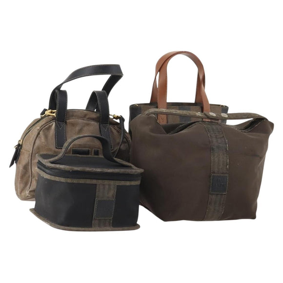 FENDI Pecan Canvas Hand Bag Coated Canvas 4 Set Brown Black Auth bs34342
