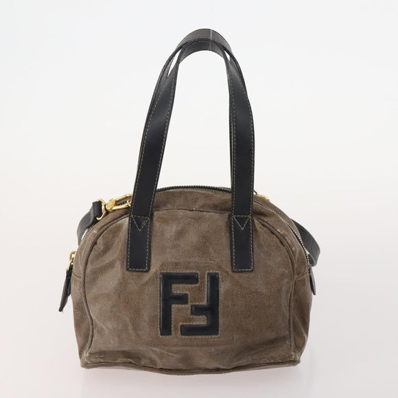 FENDI Pecan Canvas Hand Bag Coated Canvas 4 Set Brown Black Auth bs34342