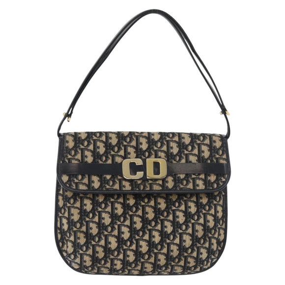 Christian Dior Trotter Canvas Shoulder Bag Navy Gold Auth bs34364