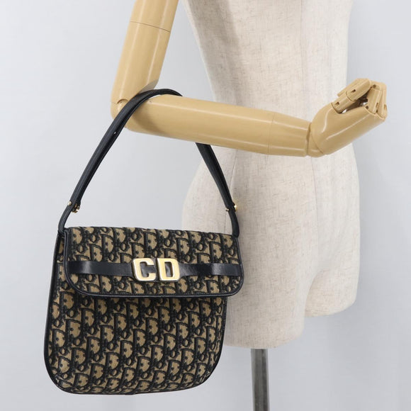 Christian Dior Trotter Canvas Shoulder Bag Navy Gold Auth bs34364