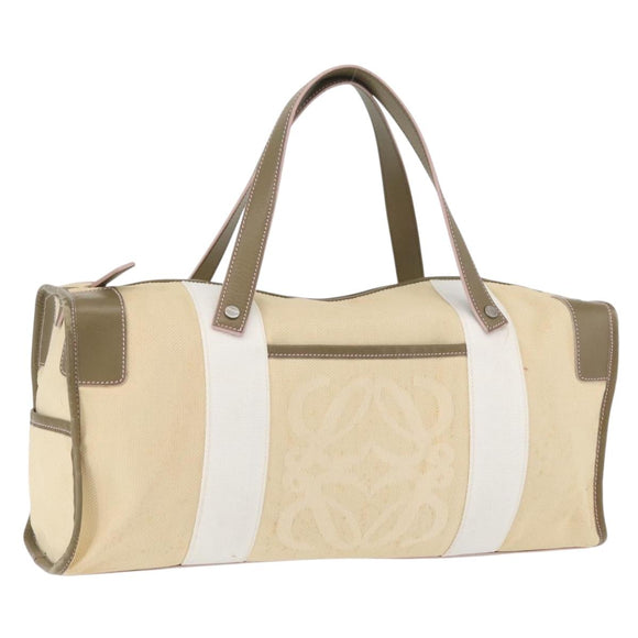 LOEWE Anagram Hand Bag Canvas Leather Beige Silver Auth bs34373