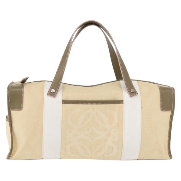 LOEWE Anagram Hand Bag Canvas Leather Beige Silver Auth bs34373