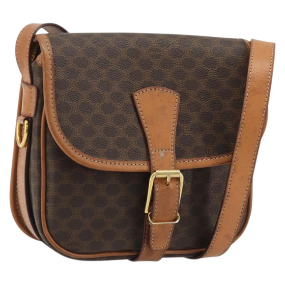 CELINE Macadam Canvas Shoulder Bag PVC Leather Brown Gold Auth bs34376
