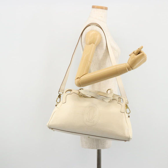 CARTIER Hand Bag Leather 2way Ivory Gold Auth bs34377