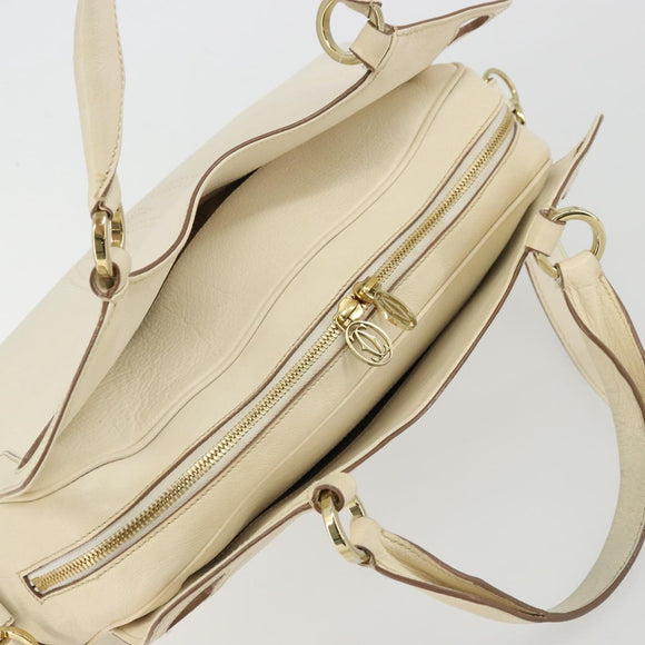 CARTIER Hand Bag Leather 2way Ivory Gold Auth bs34377