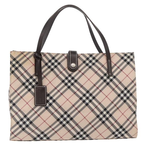 BURBERRY Nova Check Blue Label Hand Bag Nylon Beige Silver Auth bs34396