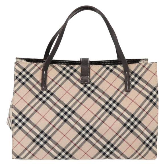 BURBERRY Nova Check Blue Label Hand Bag Nylon Beige Silver Auth bs34396
