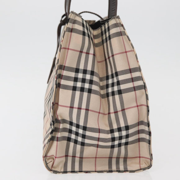 BURBERRY Nova Check Blue Label Hand Bag Nylon Beige Silver Auth bs34396