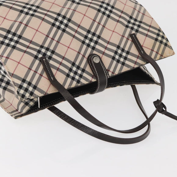 BURBERRY Nova Check Blue Label Hand Bag Nylon Beige Silver Auth bs34396