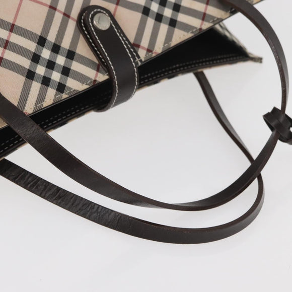 BURBERRY Nova Check Blue Label Hand Bag Nylon Beige Silver Auth bs34396