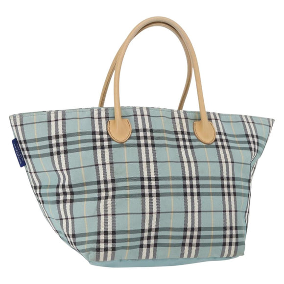 BURBERRY Nova Check Blue Label Hand Bag Nylon Light Blue Silver Auth bs34397