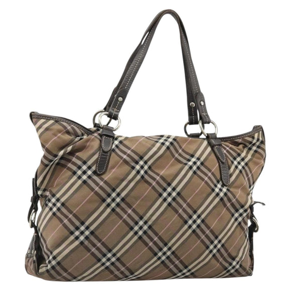 BURBERRY Nova Check Blue Label Hand Bag Canvas Brown Silver Auth bs34399