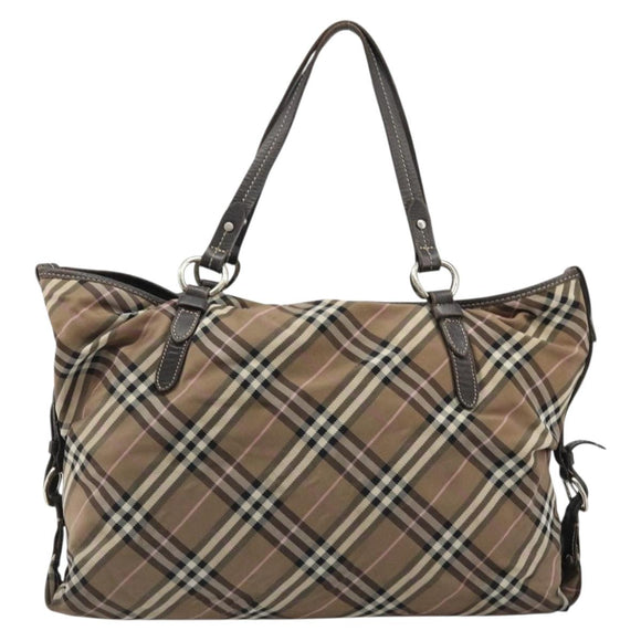 BURBERRY Nova Check Blue Label Hand Bag Canvas Brown Silver Auth bs34399