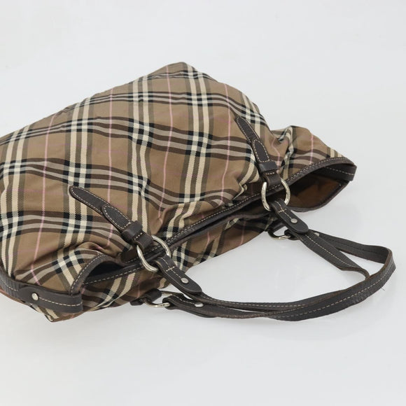 BURBERRY Nova Check Blue Label Hand Bag Canvas Brown Silver Auth bs34399