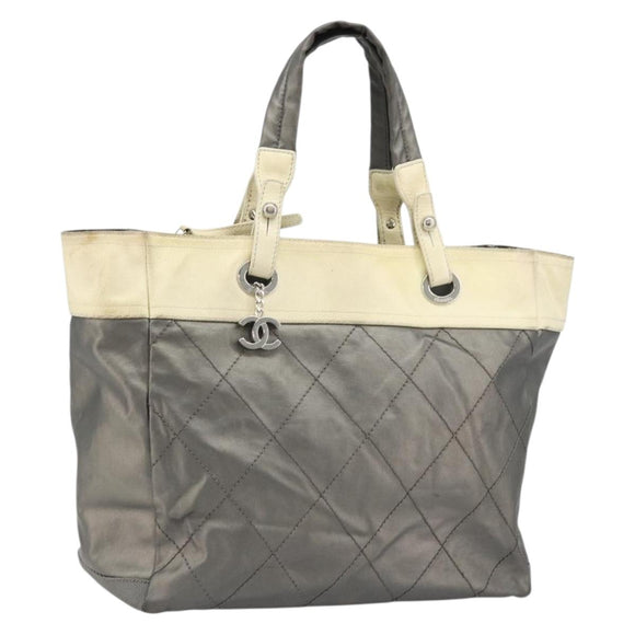 CHANEL Paris Biarritz GM Tote Bag Coated Canvas Gray Silver CC Auth bs34403