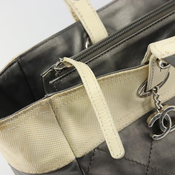 CHANEL Paris Biarritz GM Tote Bag Coated Canvas Gray Silver CC Auth bs34403